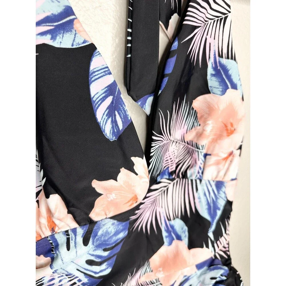 NEW DKNY Swimsuit One Piece Womens Medium Black Floral Halter Tummy Control UPF - Picture 2 of 6